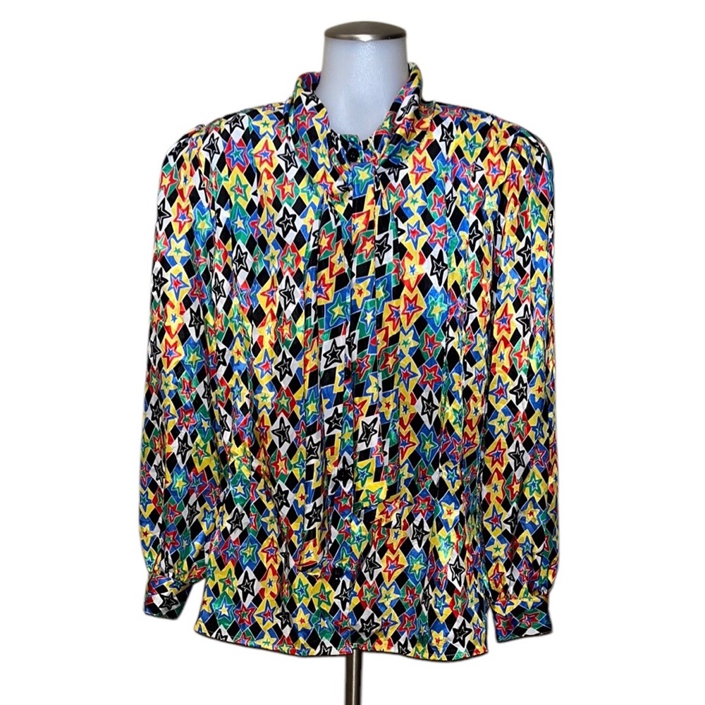 80s Vtg La Chine Classic by Galinda Wang~Scarf Blouse~Bright Star Pattern~sz 16